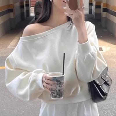 Thin Solid Color Base Shirt Temperament One-length Neck Off-shoulder Loose Casual Top Female Short Long-sleeved Sweatshirt for Women