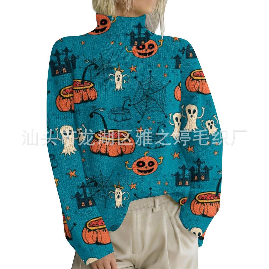 HJX-GL1 Halloween Devil 3D Print High Neck Pullover Sweater - Long Sleeve, Loose Fit for Autumn/Winter