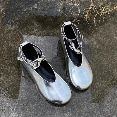 _ sapatilhas prateadas vintage de sola plana anéis de metal femininos tiras elevação interna cabeça grande Mary Jane sapatos únicos