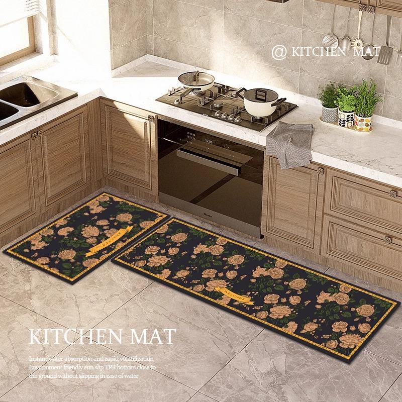 Washable Non-slip Kitchen Rug Pvc Leather Waterproof Anti-slip Floor Mat Long Rugs Oil-proof Foot Mats Pink Flower Home Carpet