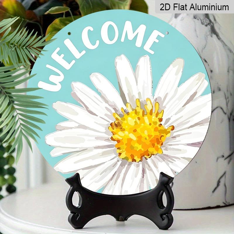 2D Flat Watercolor Daisy Welcome Hanging Sign, Aluminum Decorative Sign and Plaque, Various Sizes. Simple Style, Sea Blue Background, Floral Wall