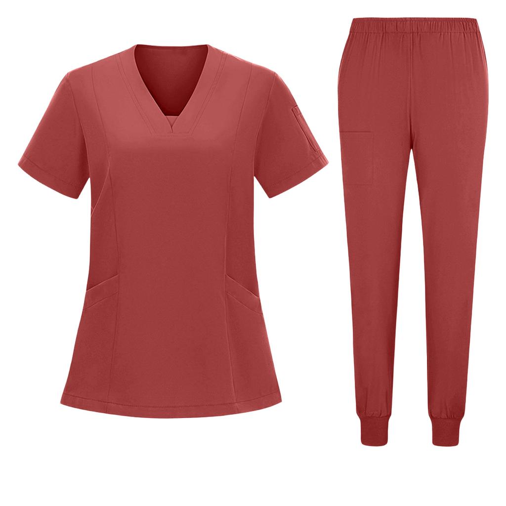 Women's Short Sleeved Color Round Neck Pocket Top Pants Work Clothes Two Piece Set