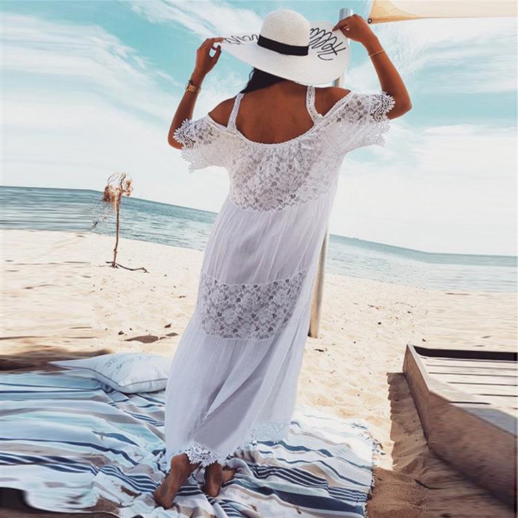 Vestido de Playa Cubre Traje de Algodón Mezclado Europeo y Americano con Encaje Bordado y Tirantes Espagueti