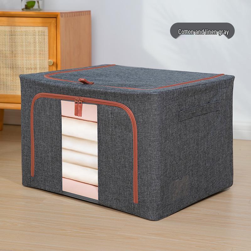 Cotton Linen Foldable Quilt and Clothes Storage Box with Steel Frame - Large Capacity Wardrobe Organizer