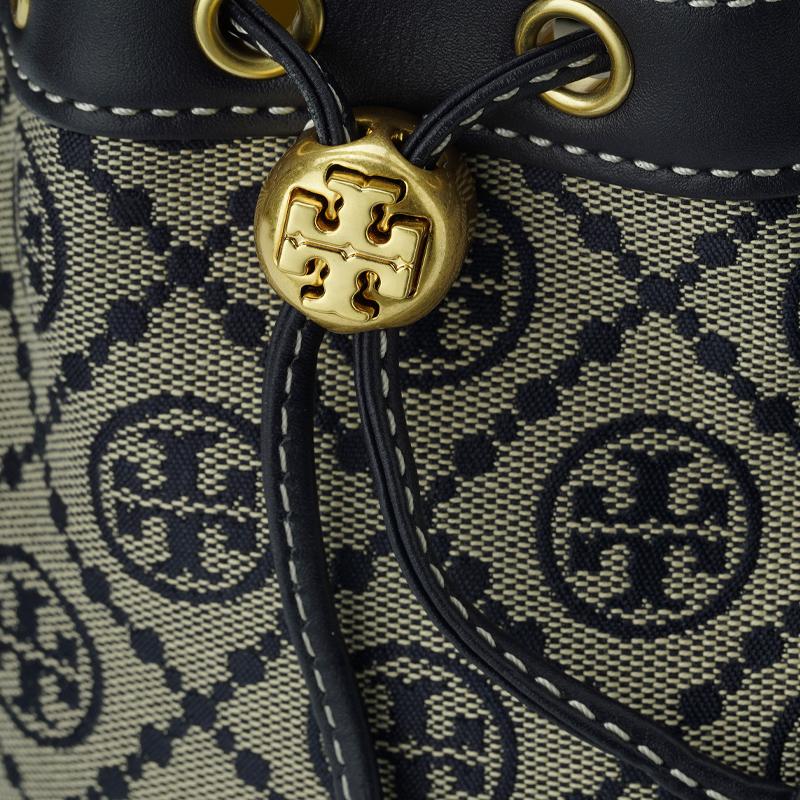 Tory Burch T Monogram All Over Print Drawstring Leather Bucket Bag Women Bags Dark-Blue-Denim 80534-405