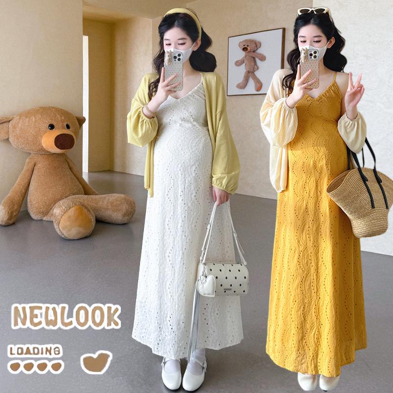 Elegant Spring V-Neck Dress & Knit Cardigan Maternity Set 2XL