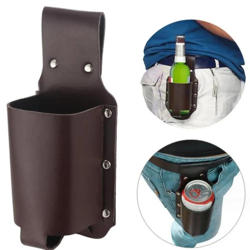 PU Leather Beer Bottle Waist Holster with Pen Holder Waist Hanging Style Wine Bottles Beverage Holder Leather Cup Belt Bag