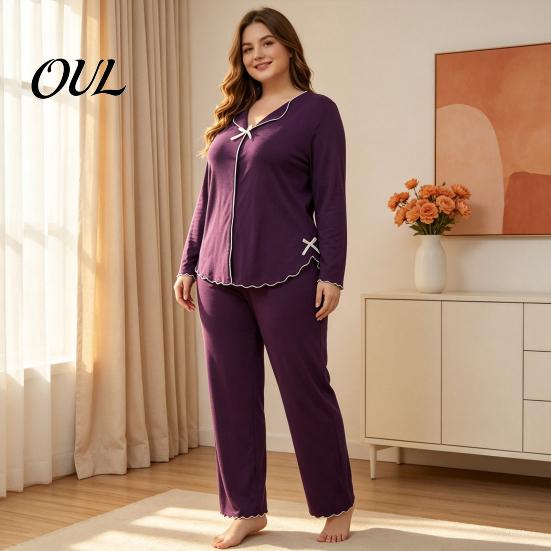 Versatile Two Piece Loungewear Women's Plus Size Pajama Set, Long Sleeve Top And Pants Soft Sleep Sets for Air Conditioned Rooms with Bow, Ruffle