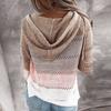 Women's Casual Striped V-Neck Hollow Long Sleeve Zipper Hooded Sweater Clothes Sale