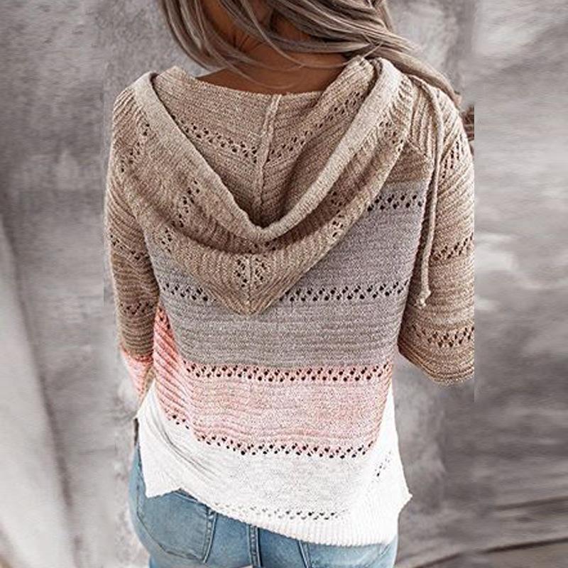 Women's Casual Striped V-Neck Hollow Long Sleeve Zipper Hooded Sweater Clothes Sale