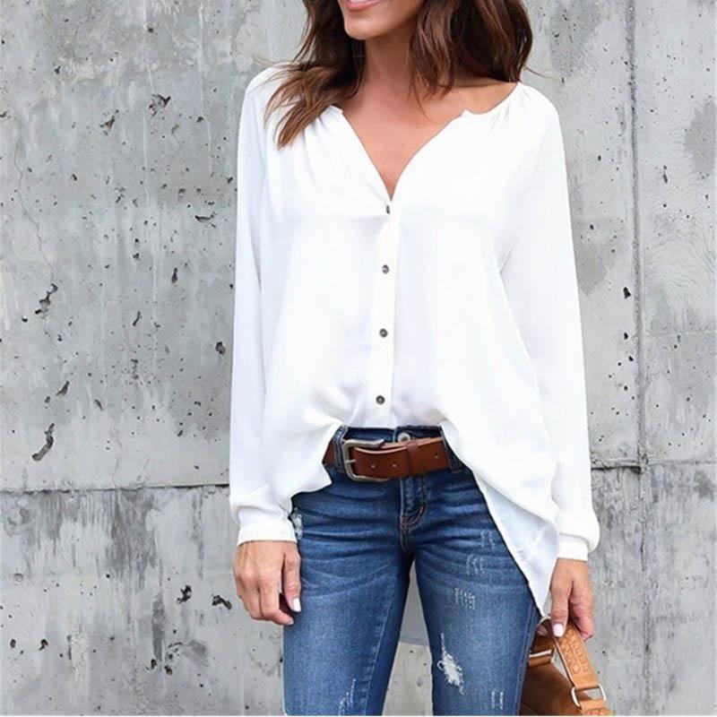 Premium Quality Spring Fashion V Collar Fold Button Long-sleeved Loose Chiffon Shirt In 8 Stunning Colors