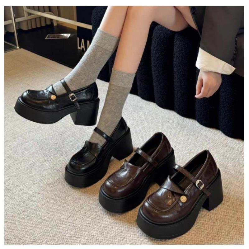 Women's Thick Bottom 8CM Heels Mary Jane Shoes Retro Preppy Style Leather Dumpy Uniforms Autumn JK Platform Shoes for Students