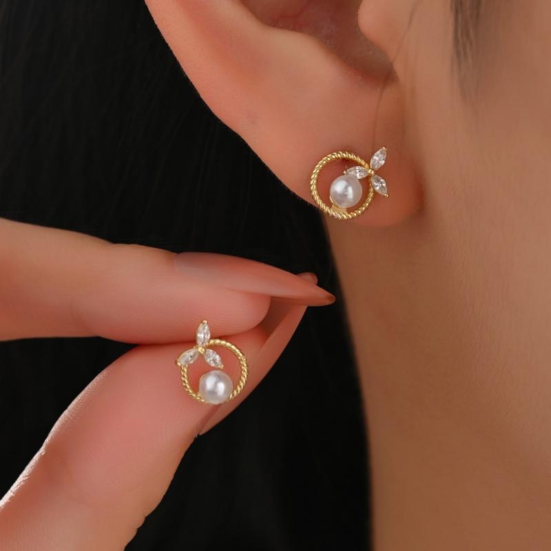 925 Sterling Silver Exquisite Zircon Flower Shell Pearl Stud Earrings Shiny Daily Wear Fine Jewelry For Women