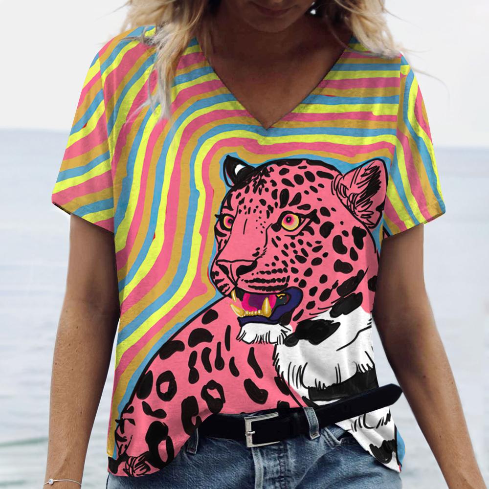 Módní dámské tričko Léto Kreslené zvířecí tričko Dámské oblečení Nadměrné Designové Krátký rukáv Výstřih do V Tričko Halenka 2024 Nové