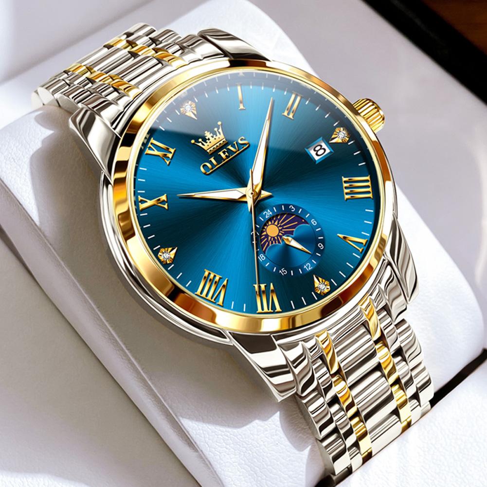 OLEVS 3656 Brand Men's Watches Fashion Original Quartz Watch for Man Waterproof Stainless Steel Luminous Wristwatch Moon Phase