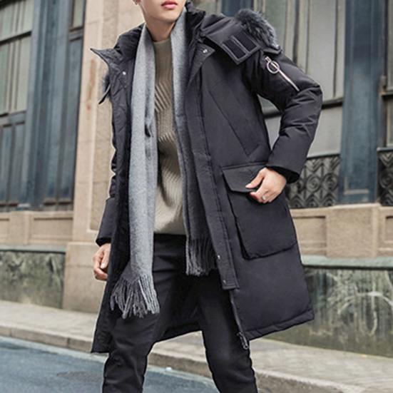Men Down Jacket Fur Collar Hooded Long Sleeve Solid Color Winter Coat Zipper Placket