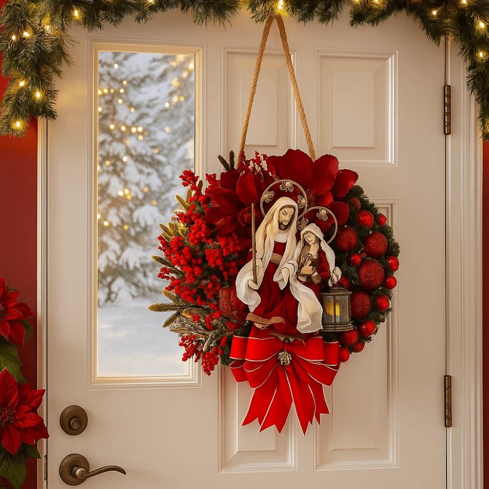 Red Christmas Wreath 2D Oil Lamp Door Hanging Artificial Garland Wooden Reusable Christmas Ornaments Fireplace Mantel