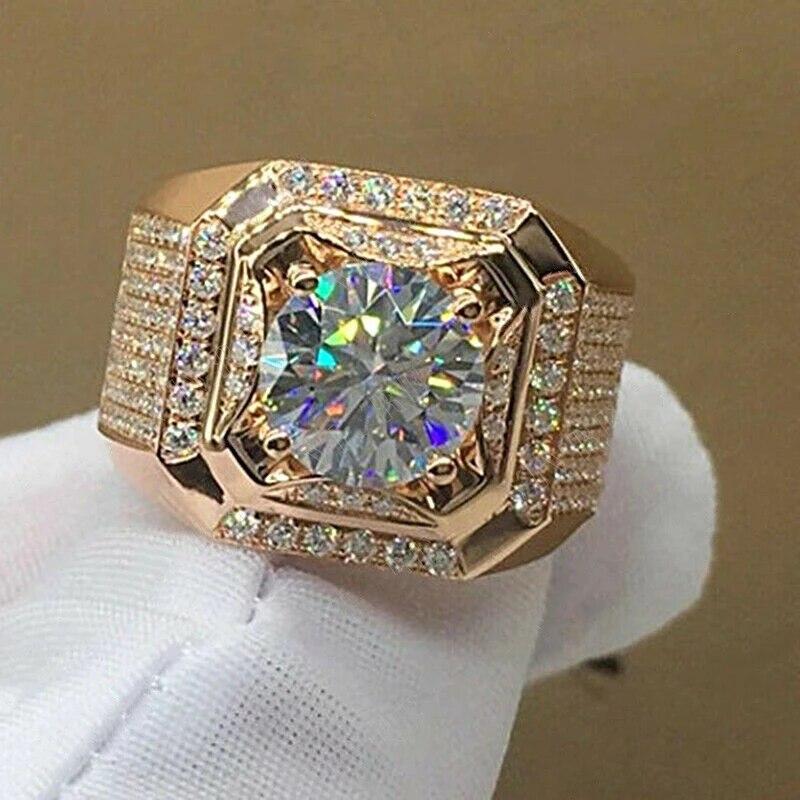 Fashion Gold Color 2.0 Carat White Crystal CZ Ring For Women Men Hip Hop Full Crystal Engagement Ring Wedding Band Party Jewelry