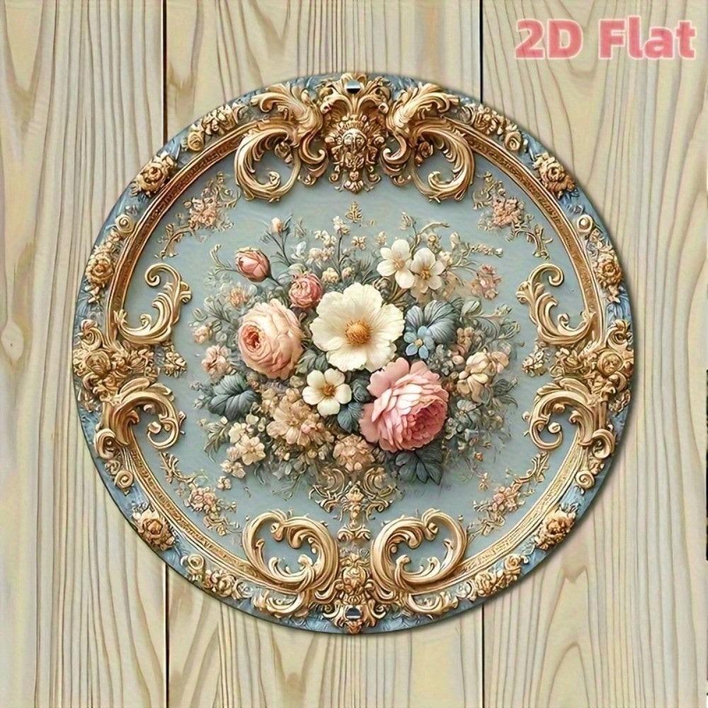 LUXE DECOR Baroque 2D Floral Wooden Wall Art 8 Inch Round Pink Vintage Home Decor
