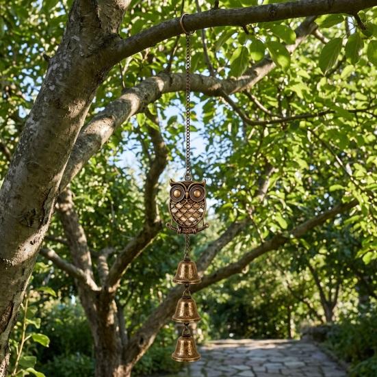Pastoral Style Wind Bells Vintage Metal Owl Chime with 3 Bells, Hollow Hanging Ornament, Retro Bronze Ornaments Pendant for Garden Patio Balcony