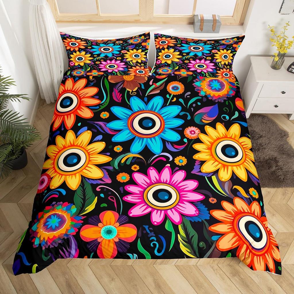 Vintage Groovy Flower Duvet Cover Cute Rainbow Butterfly Bedding Set Retro Floral Boho Pink Comforter Cover with 2 Pillow Case