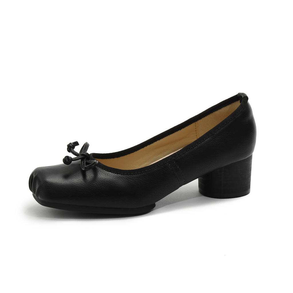 Bow Ballet Single Shoes Leather Mary Jane Shoes Thick Heel High Heels High Sense Shallow Mouth Ballet Shoes