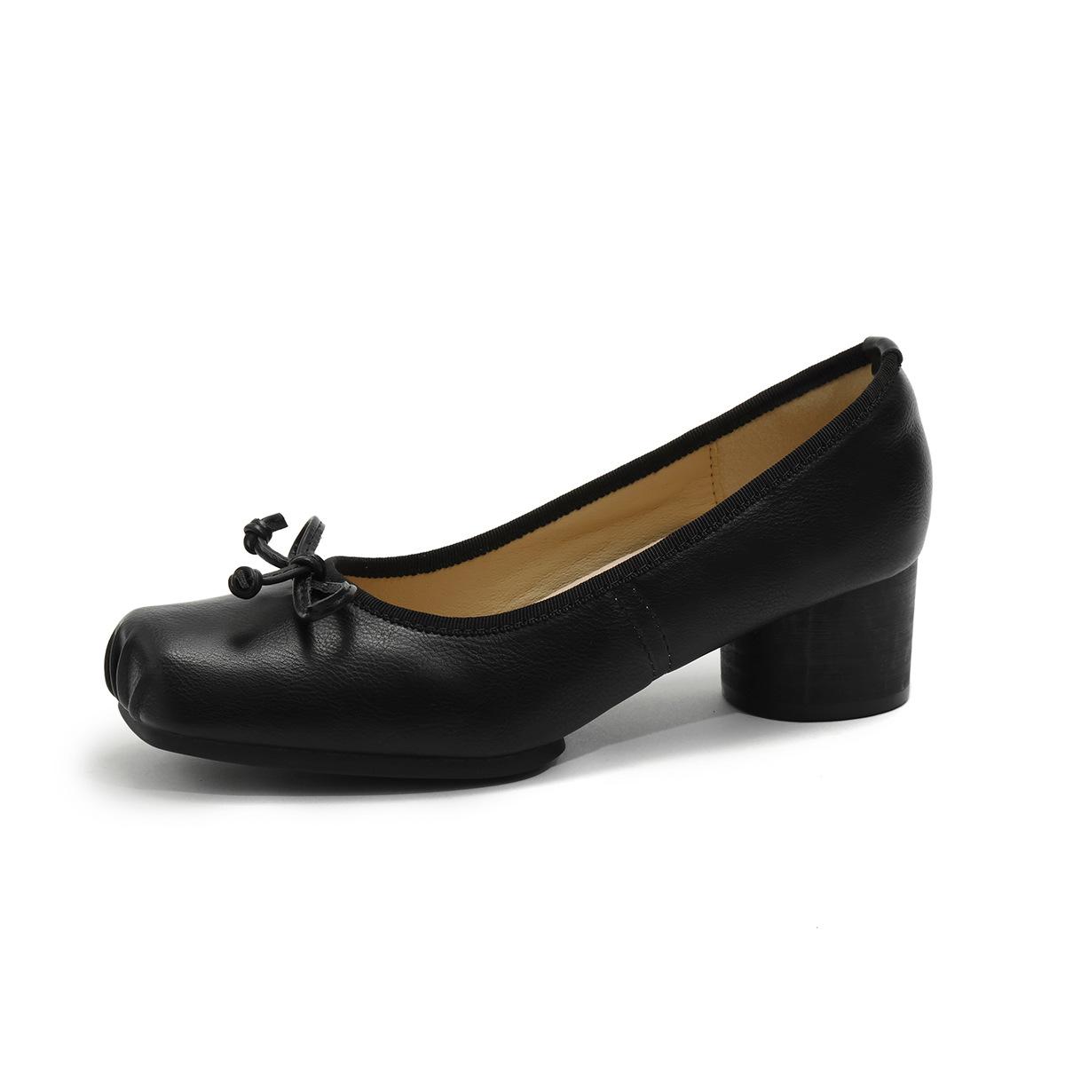 

Туфли-балетки с бантом, кожаные туфли Мэри Джейн, толстый каблук, высокие каблуки, высокое качество, французские балетки с открытым вырезом 35