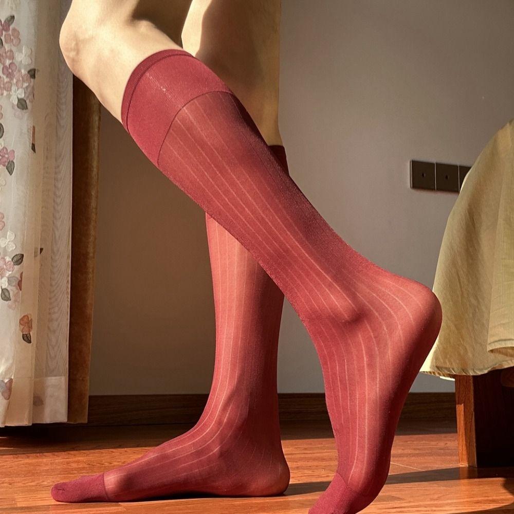 Middle Tube Solid Color Business Stockings Translucent Wide Striped Silk Socks  Business