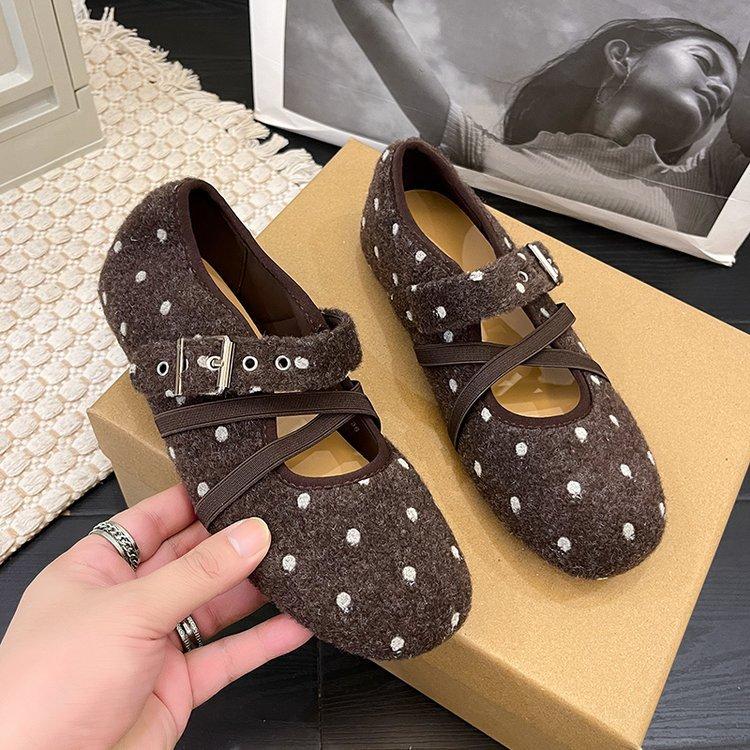 French Retro Polka Dot Mary Jane Shoes Women's Autumn New French Flat-bottomed Shallow Mouth Strap Ballet Shoes