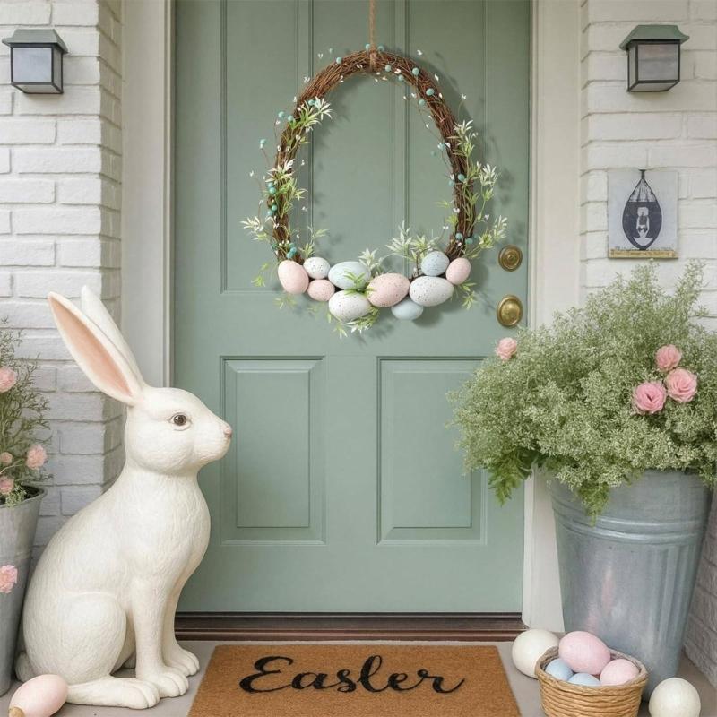 Plastic Easter Door Wreath With Artificial Eggs Flower Decoration Garland For Home Spring Party Celebration