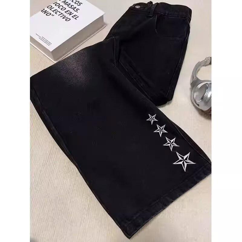 Summer American High Street Embroidery Star Jeans Men's Design Trendy Brand Fried Street Loose Straight Pants