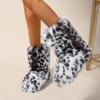 Womens Leopard Print Mid-Calf Fuzzy Faux Fur Boots - Soft, Warm, and Comfortable Slip-on Design with Flat Heel, Round Toe
