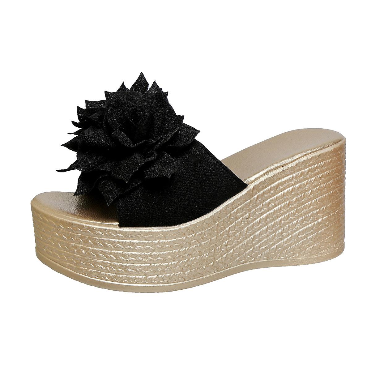 

Korean version of women s cool slippers 2025 summer new flower cloth waterproof table thick bottom slope heel outer slippers 2025 43 чёрный
