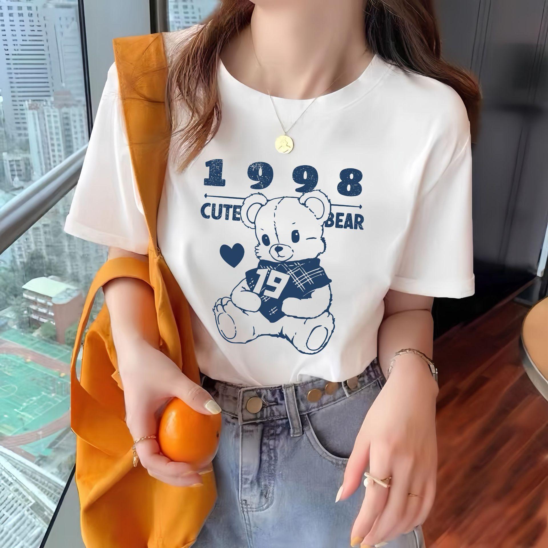 

Korean version loose round neck foreign style printing versatile original style top trendy women s pure cotton short-sleeved t-shirt women s summer S