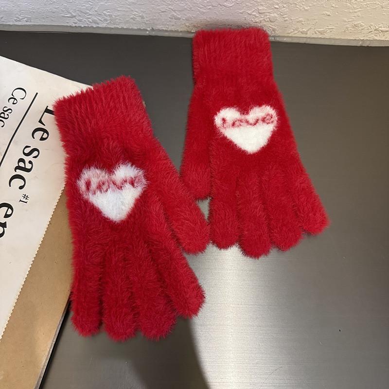 

Winter Fleece Lined Womens Touch Screen Gloves With Heart Design For Outdoor Activities червоний