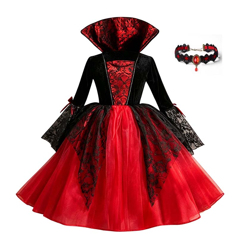 Kinderen Meisjes Cosplay Gotisch Donkere Geest Bruid Heks Vampier Halloween Kostuum Rood Zwart Tutu Jurk Pruik Sluier Kits Trick or Treat 110cm