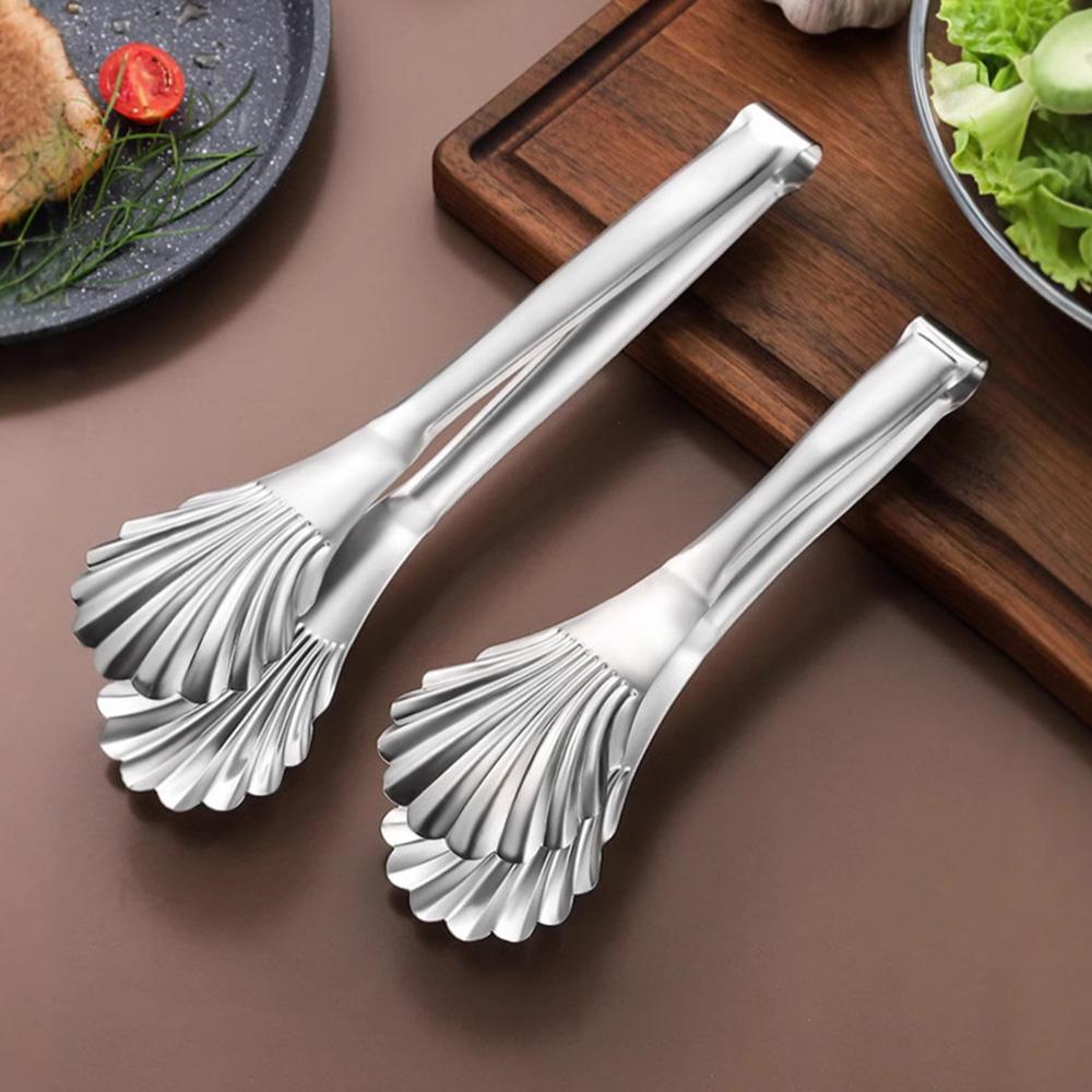 Stainless Steel Kitchen Shell Head Tongs Long Handle Steak Clamp Cake Food Clip Cooking Utensils