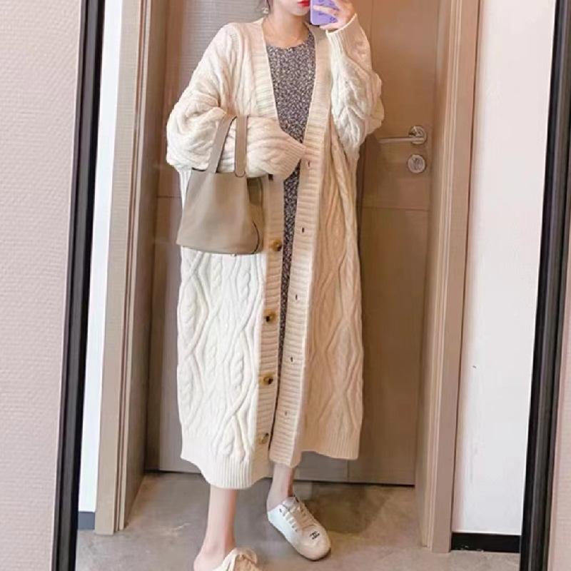 

кардиган-жакет женский осенне-зимний длиной до колена, вязаный свитер с косами, новый, свободный и утолщенный, верхняя одежда, трикотажный свитер average size