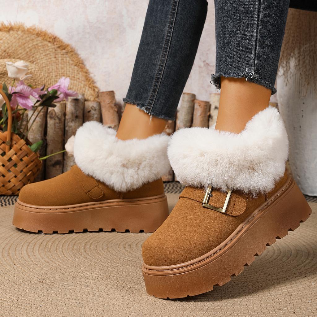 Fashion Thick Bottom Plush Winter Snow Boots Women Fluffy Faux Fur Platform Ankle Boots Woman Buckle Strap Non Slip Warm Cotton Shoes