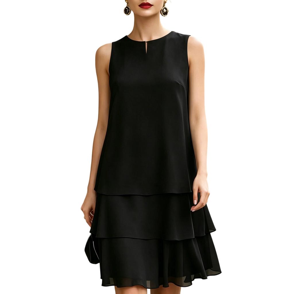 Vestido Feminino Sem Mangas em Camadas Casual de Caimento Solto Modelo Evasê com Forro Leve Vestido de Verão para Uso Externo e Interno
