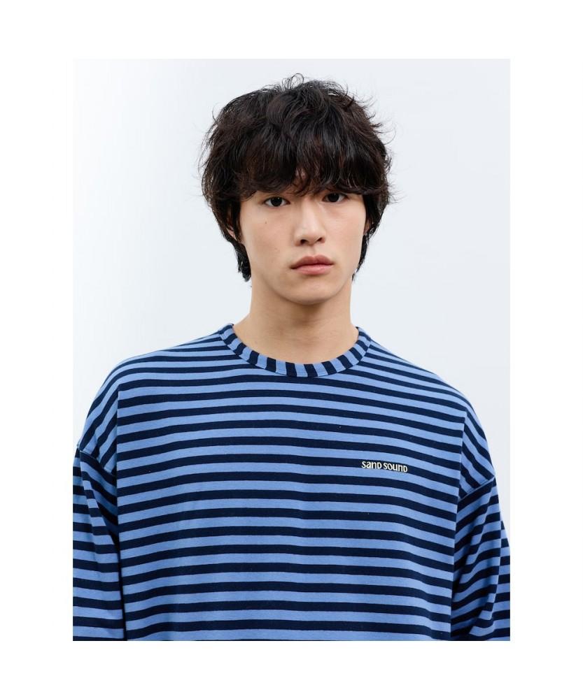 Saendeusaundeu (Unisex) Awning Stripe Long Sleeve T-Shirt Blue