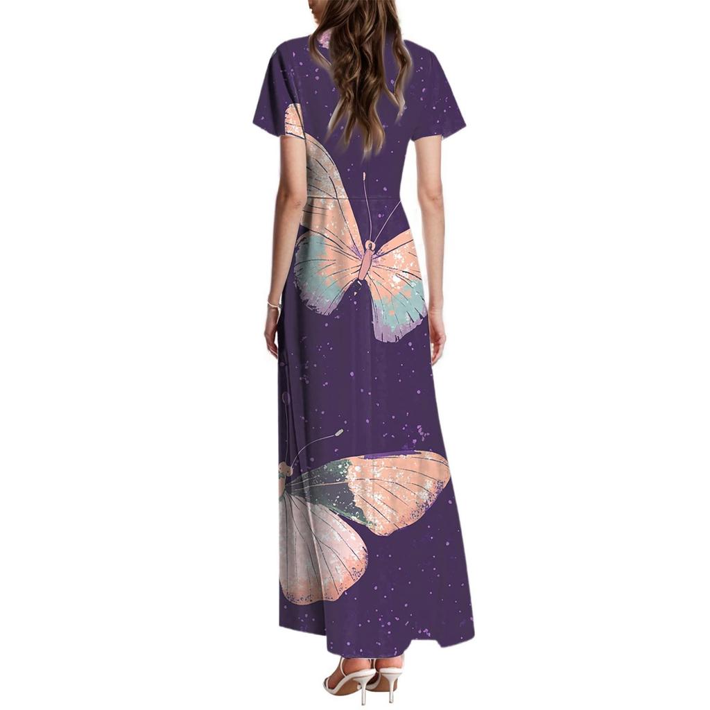 Women's Summer Casual Fashion Butterfly Print Dress V Neck Short Sleeve Dress