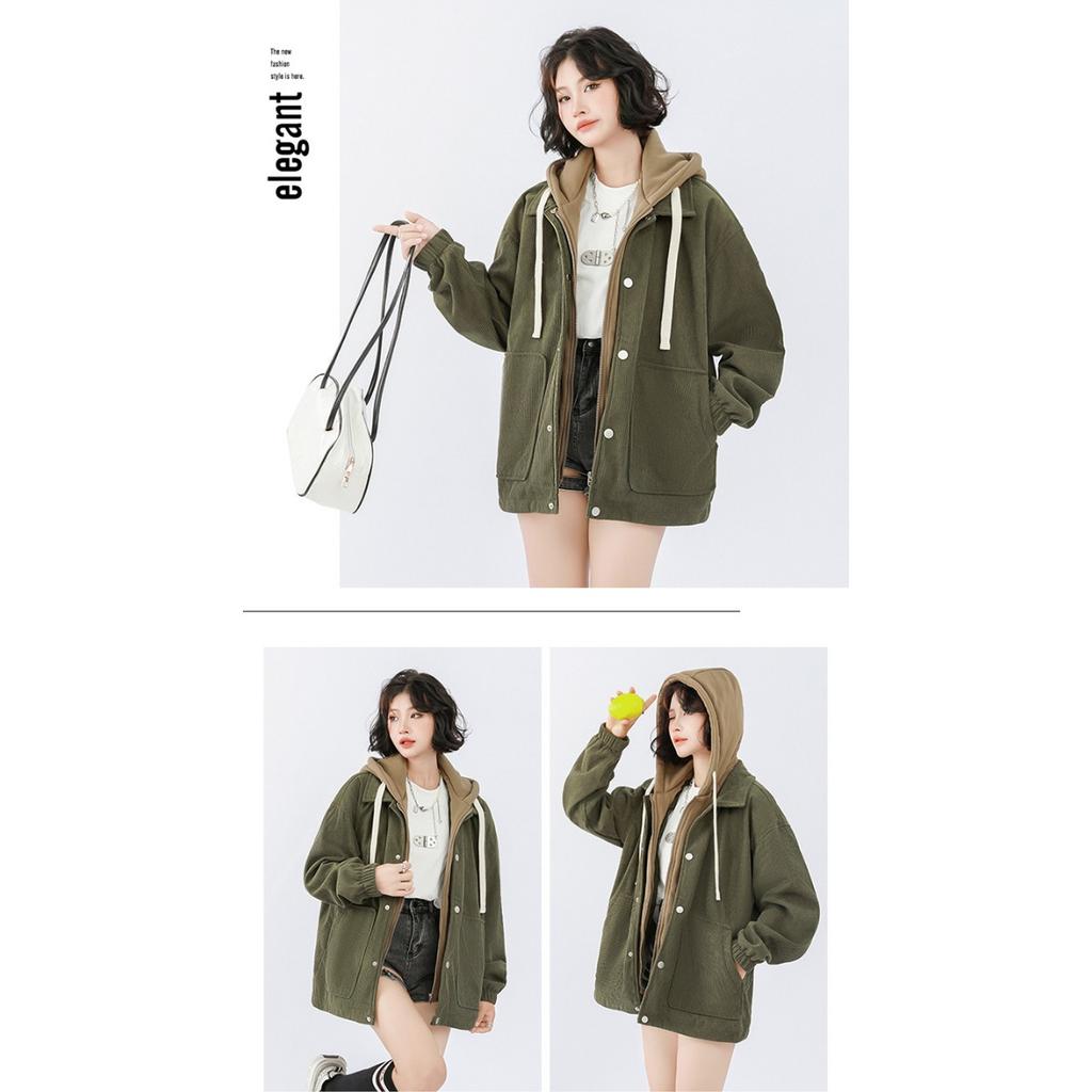 Couple's Corduroy Hooded Jacket with Thick Velvet for Autumn and Winter Men's Fake Two-piece Hoodie Jacket