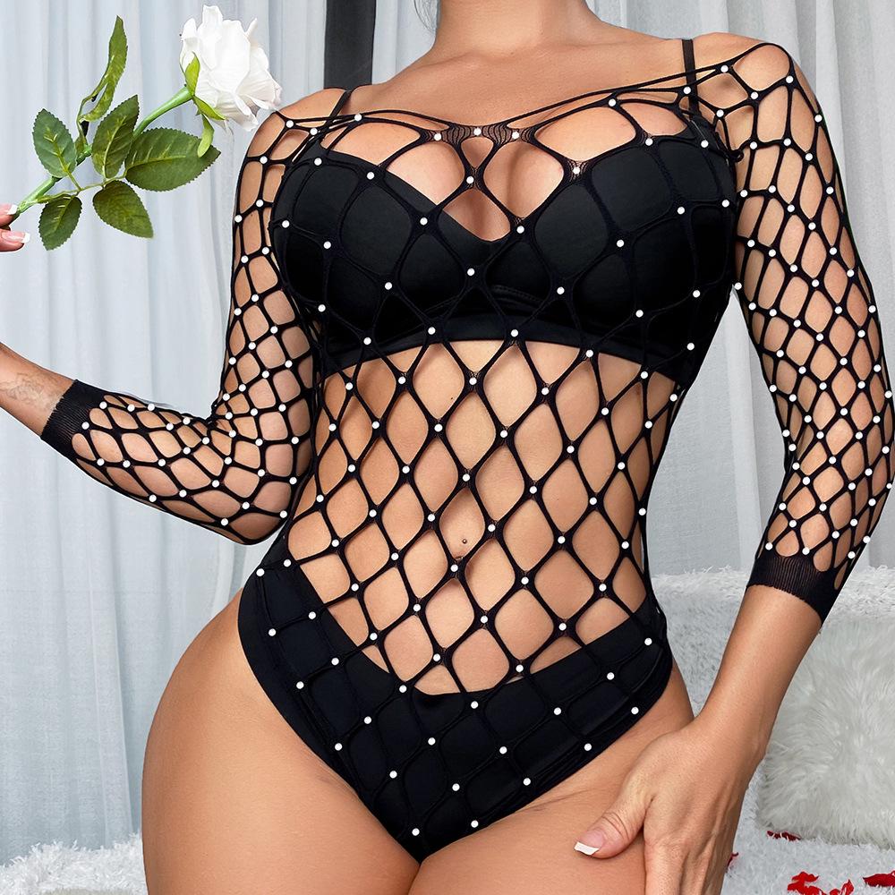Stylish Black Fishnet Lingerie: Sexy See-Through Bodysuit with Tempting Hollow Design
