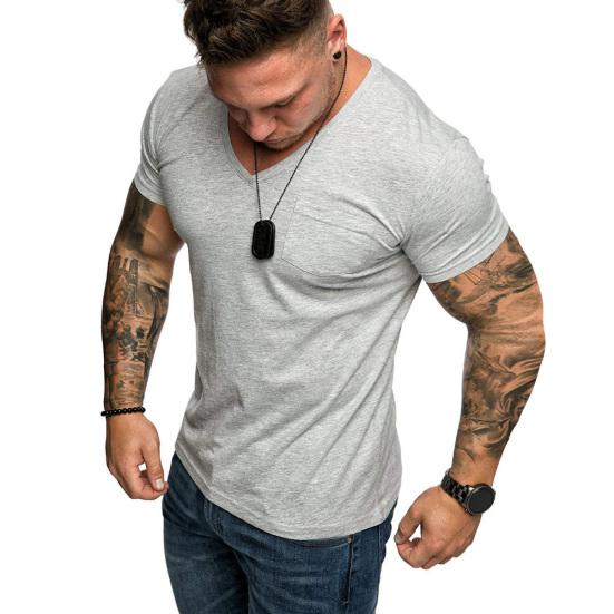 Pánské ležérní jednobarevné tričko s krátkým rukávem, výstřihem do V, slim fit, fitness tričko, halenka, top