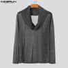 INCERUN Men Cowl Neck Long Sleeve See Through Irregular Tops Glitter Mesh T-shirts