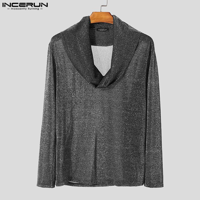 INCERUN Men Cowl Neck Long Sleeve See Through Irregular Tops Glitter Mesh T-shirts