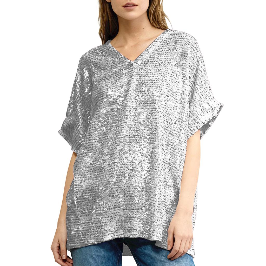 Women Sequin Short Sleeve V Neck Loose Fit Party Top Shiny Lightweight Tunic Shirt for Events Nightclub Festival