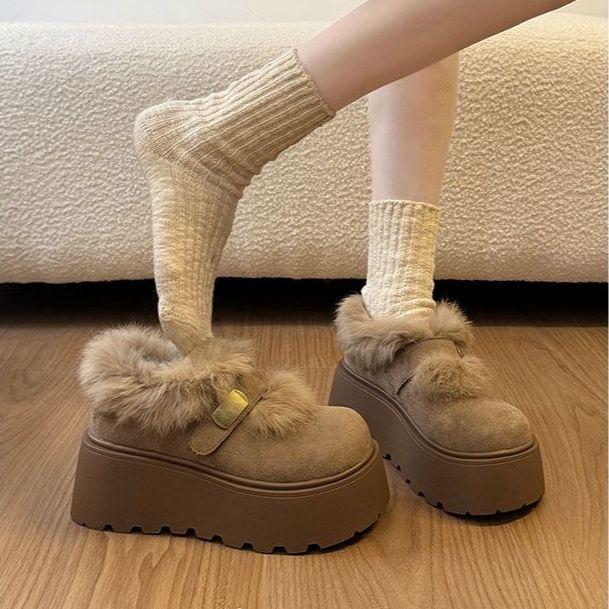 Height-increasing muffin fashion versatile Birkenstocks popular retro thick-soled fluffy cotton shoes new in autumn and winter
