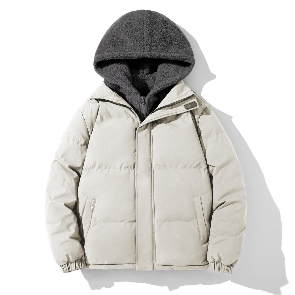 Large size fake two-piece cotton-padded clothes, men's trend loose and thickened fleece, solid color hooded clothes, simple cotton-padded jacket